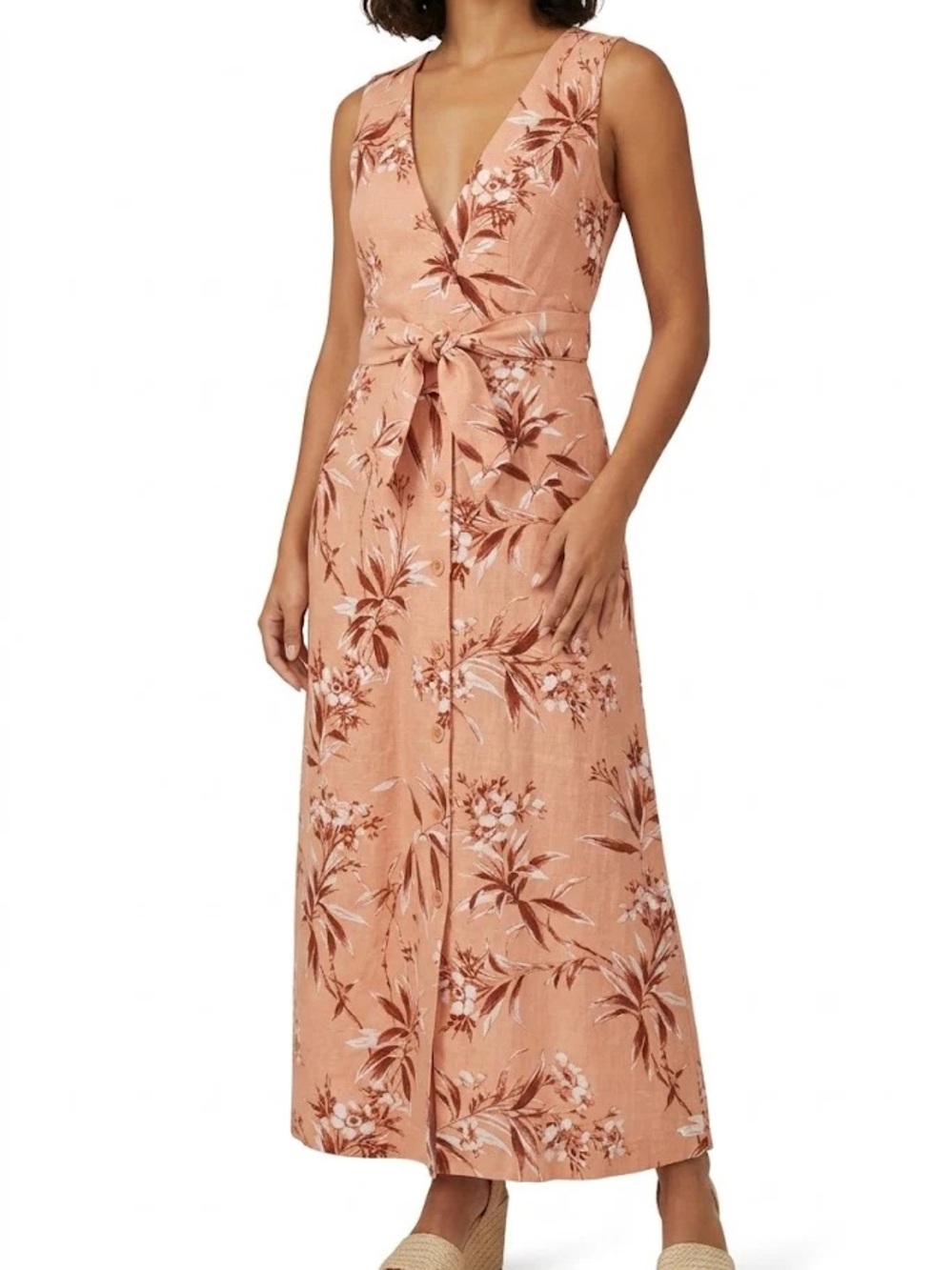 Joie Peach Floral Tie-Waist Sleeveless Midi Dress - Picture 2 of 5